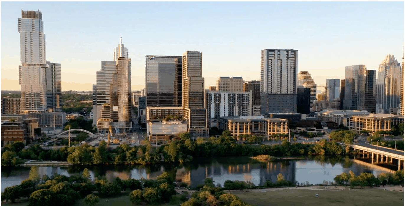 Aerial view of downtown Austin south past Lady Bird Lake