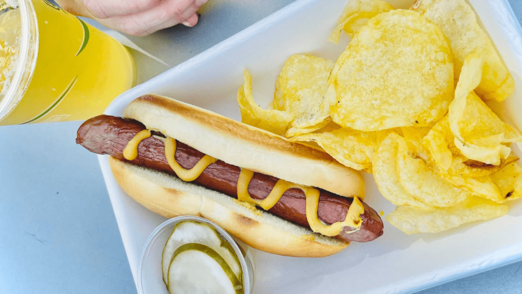 A plate with a hot dog and mustard with pickles and potato chips and a beer