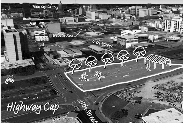 An illustration of what a cap over I-35 might look like with public spaces