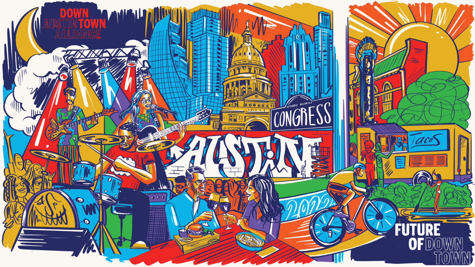 Downtown Austin Bright and Colorful Illustration for Future of Downtown Event 2022