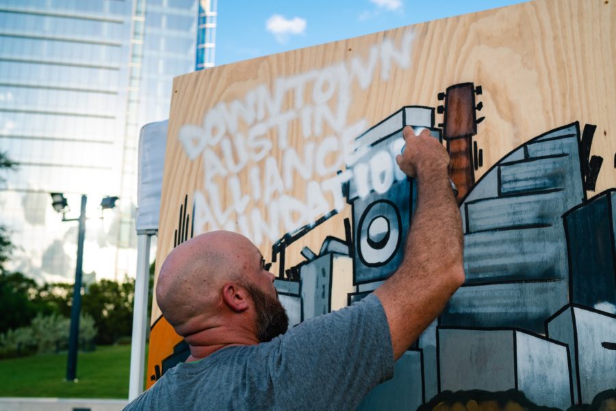 Mural for the Downtown Austin Alliance Foundation being painted at the Future of Downtown Event