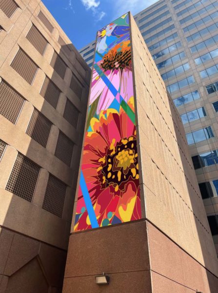 Rendering of mural featuring red, blue, and purple wildflowers in downtown Austin