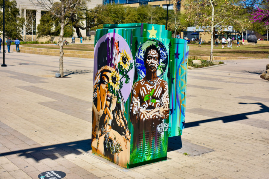 electrical box mural painted by austin artist, Niz. Her ARTBOX mural is republic square, sponsored by the downtown austin alliance foundation