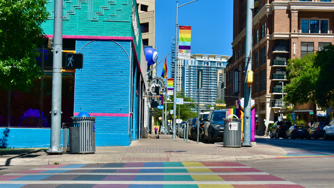 Rainbow crosswalk leading to the warehouse district on 4th Street in downtown Austin