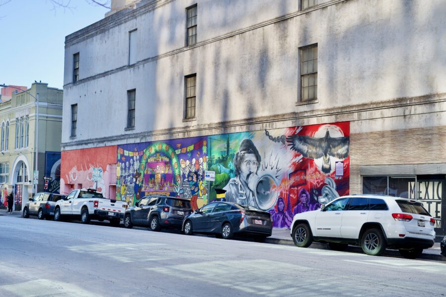 El Mero Muro program murals on the side of mexicarte museum stop for art and parks tour 2023