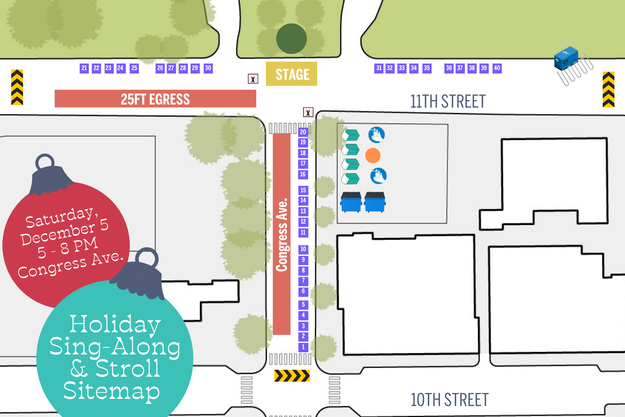 Holiday Sing‑Along & Stroll event sitemap, showing booths along Congress Ave and 11th/10th Streets